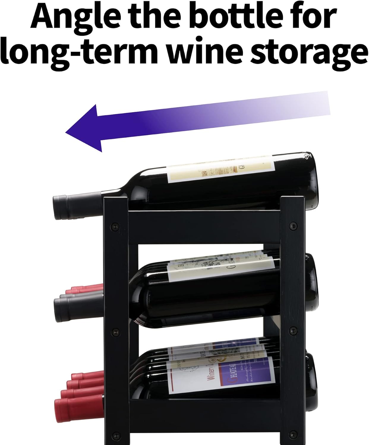 VASMIA Bamboo Wine Rack, Sturdy and Durable Wine Storage Cabinet Shelf, Wine Racks Countertop for Pantry,Kitchen,3-Tier 12 Bottles Wine Rack Black