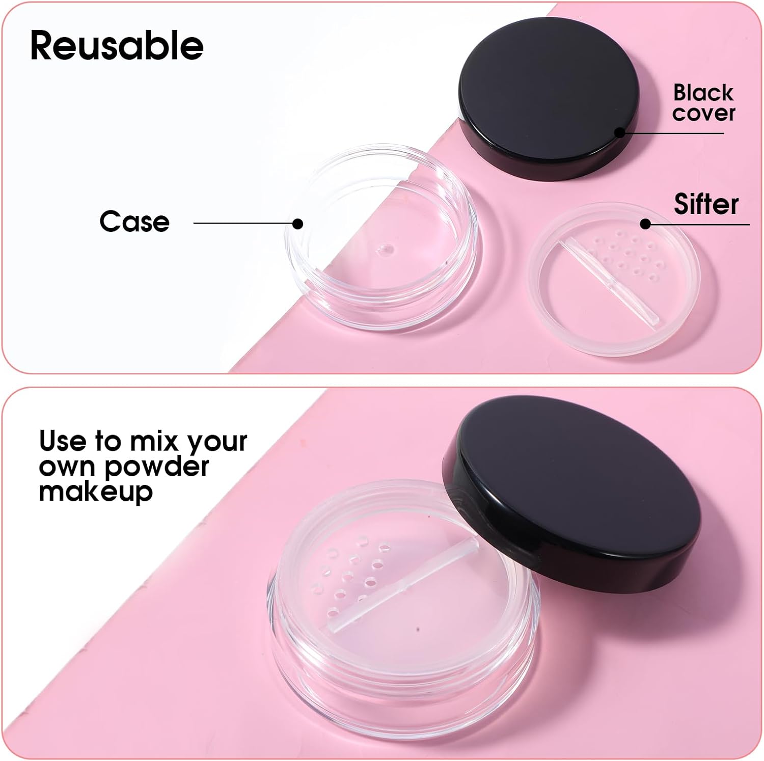 6pcs 10ml/0.34oz Refillable Loose Powder Containers Plastic Empty Travel Small Loose Powder Compact Reusable No Leak Compact with Rotatable Sifter And Black Screw Lid