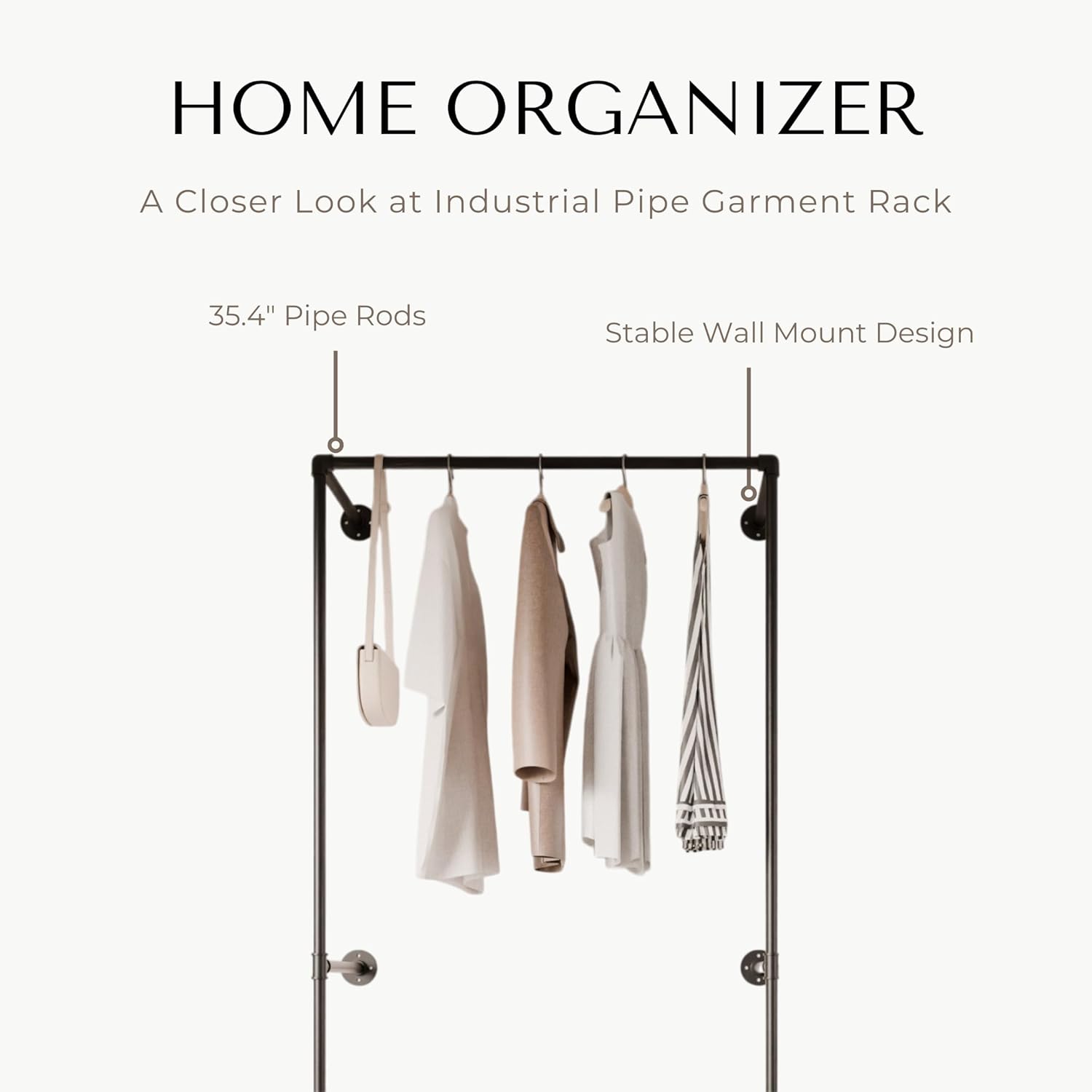 Industrial Pipe Clothing Rack, Heavy Duty Wall Mounted Clothes Rack, Retail Display Hanging Garment Rod for Laundry Rooms, Closet Storage, 14.6x37.4x82.7 Inches, Model K05