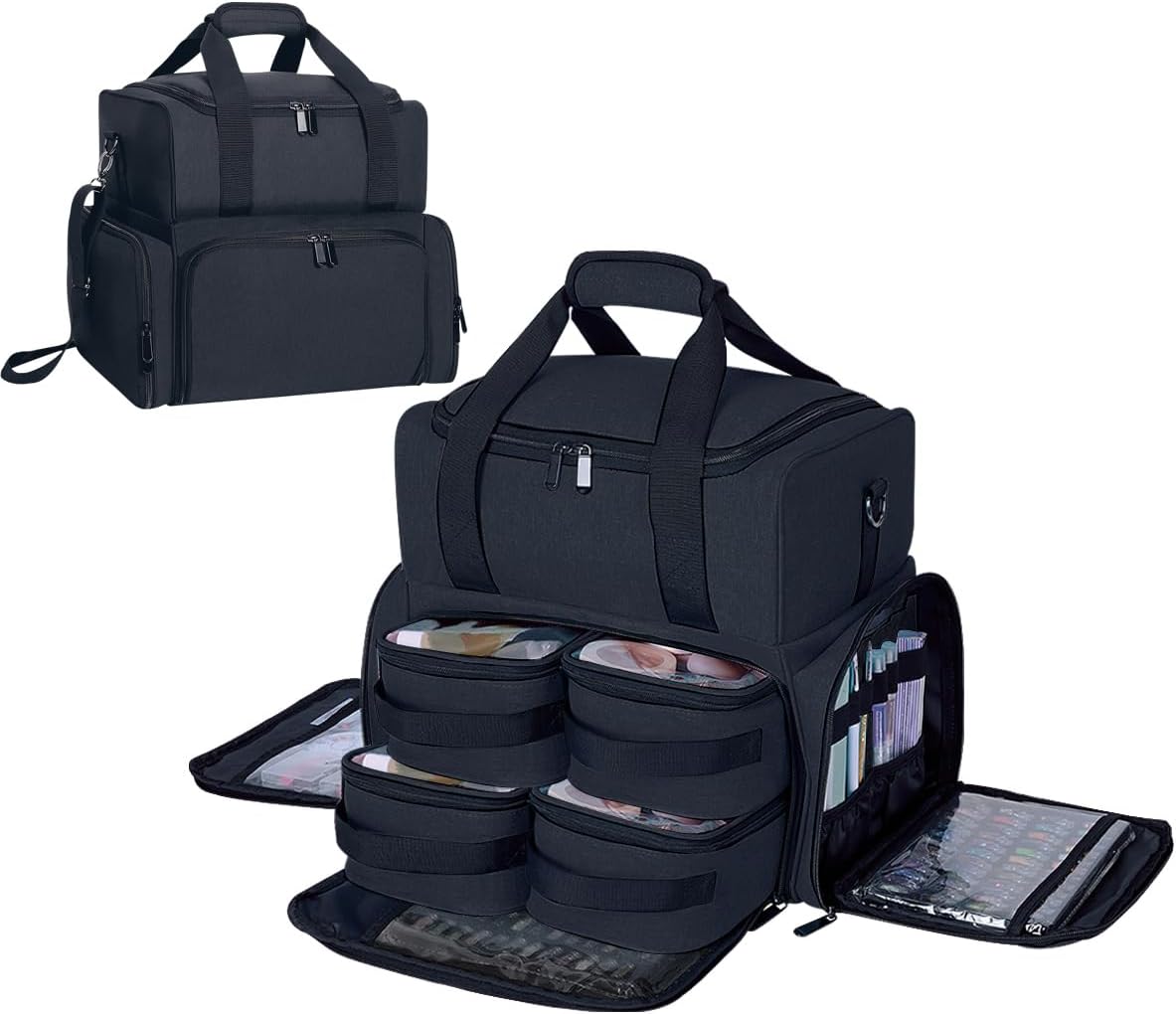 Large Cosmetic Bag with 4 Removable Case and 2 Removable Dividers Double Layer Travel Storage Organizer, Makeup Brushes Storage Section Black