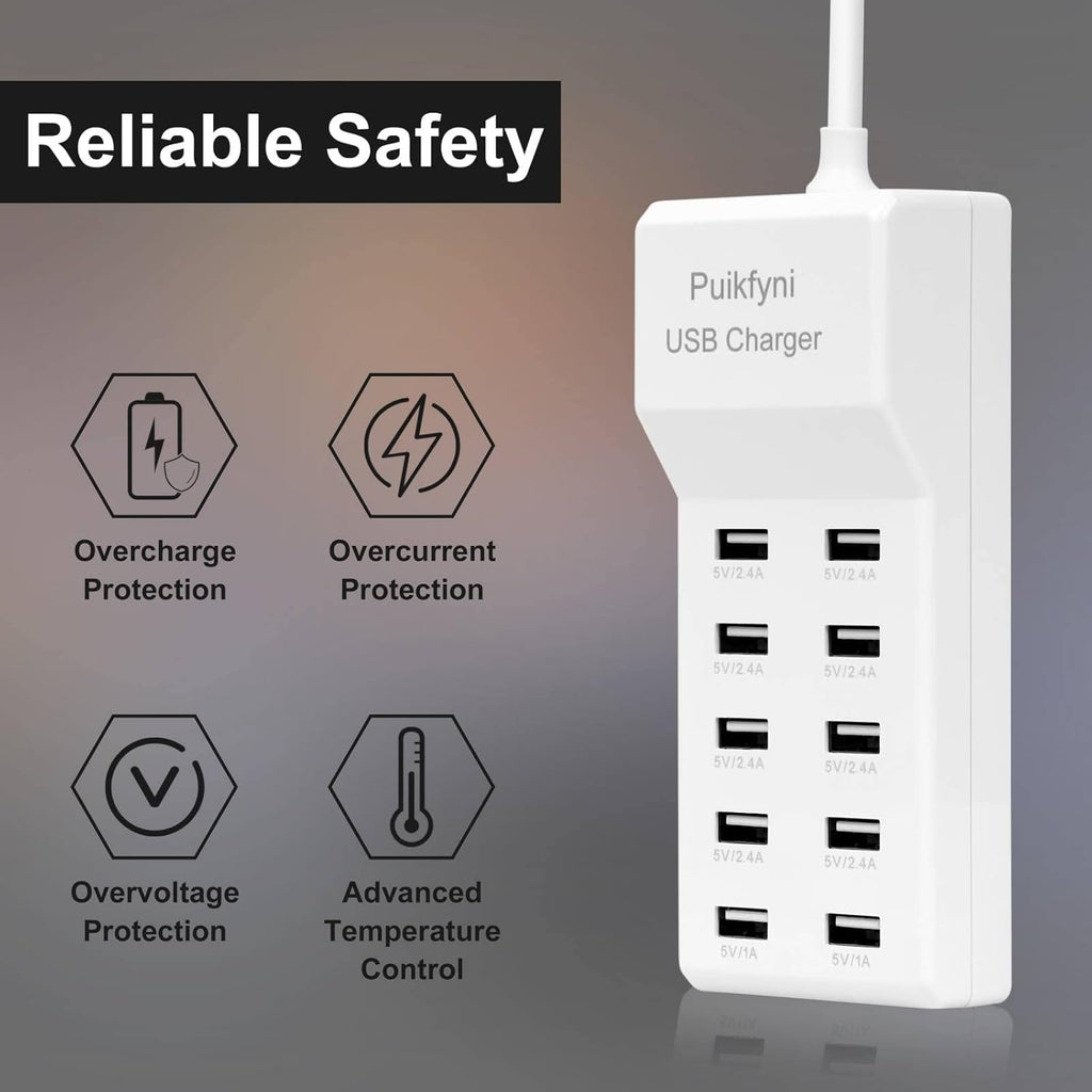 10-Port USB Charger Station, Smart Multiple Charging Block/USB Power Strip for Multiple Devices,Mobile Phones and iPads,Smart Watches Tablets (White)