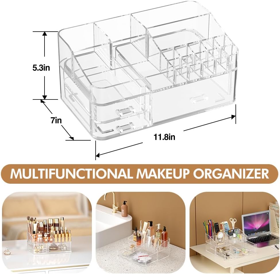 Makeup Organizer for Vanity, Acrylic Large Desk Organizer with Drawers, Ideal Vanity Holder for Cosmetics, Lipsticks, Nail Polish, Skincare, Countertop, Bathroom, Dresser