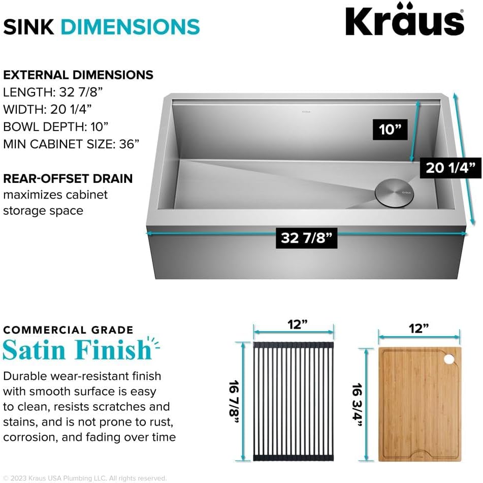KRAUS Kore 33-Inch Farmhouse Workstation 16 Gauge Single Bowl Stainless Steel Kitchen Sink with Accessories, KWF210-33
