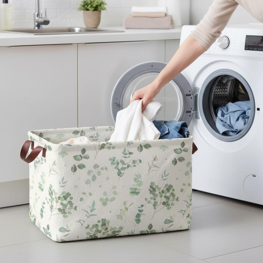 Sage Green Storage Basket Waterproof Canvas Toy Storage Bin Home Decor Collapsible Outdoor Basket with Leather Handles Sage Green Blanket Baskets For Closets,Bedrooms,Gifts Baskets