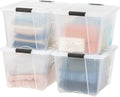 IRIS USA 51 L (54 QT) Plastic Storage Box with Lid and Latches - 4 Pack - BPA-Free, See-Through Organizing Solution, Durable Nestable Stackable Containers, Secure Pull Handle - Clear