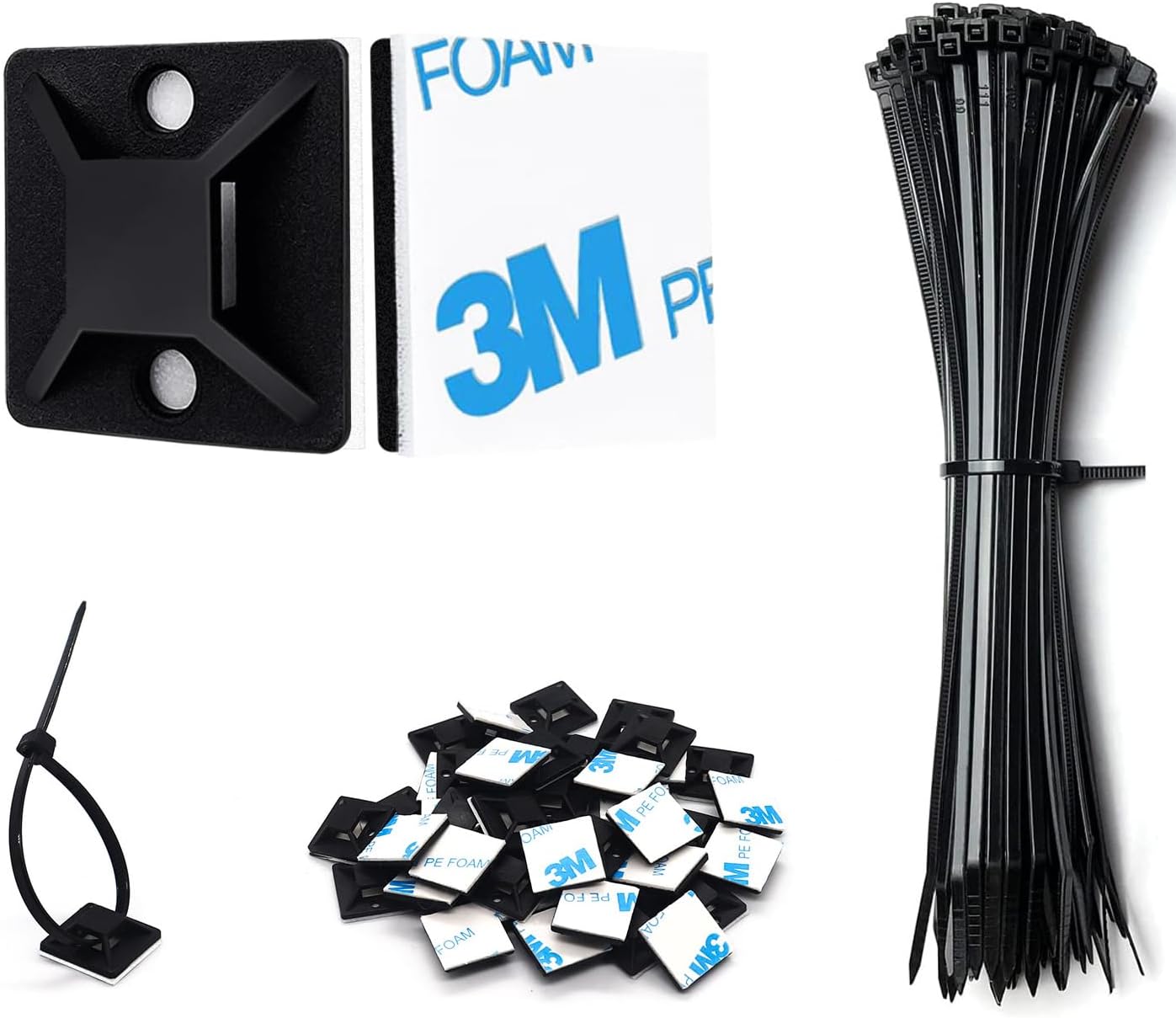 Strong Back-Glue Self Adhesive Cable Zip Tie Mounts Kit - 100 Set Cable Management Clips with 6" Zip Ties, Wire Holders - Outdoor Sticky Wire Organizer Clips-Black