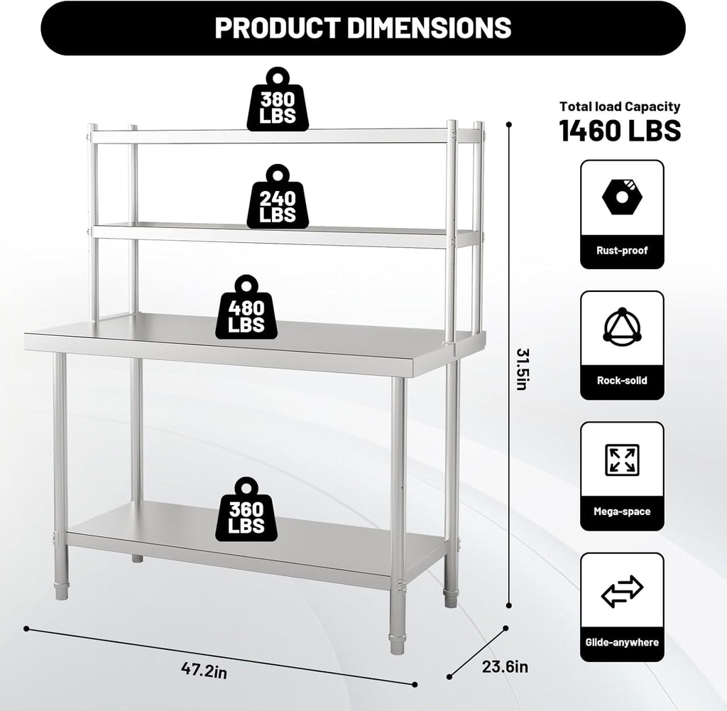 2-Tier Stainless Steel Commercial Work Table 47.2" W x 23.6" D x 31.5" H with Overshelf, Heavy Duty Kitchen Prep Table for Restaurant, Home Kitchen, Garage, Warehouse