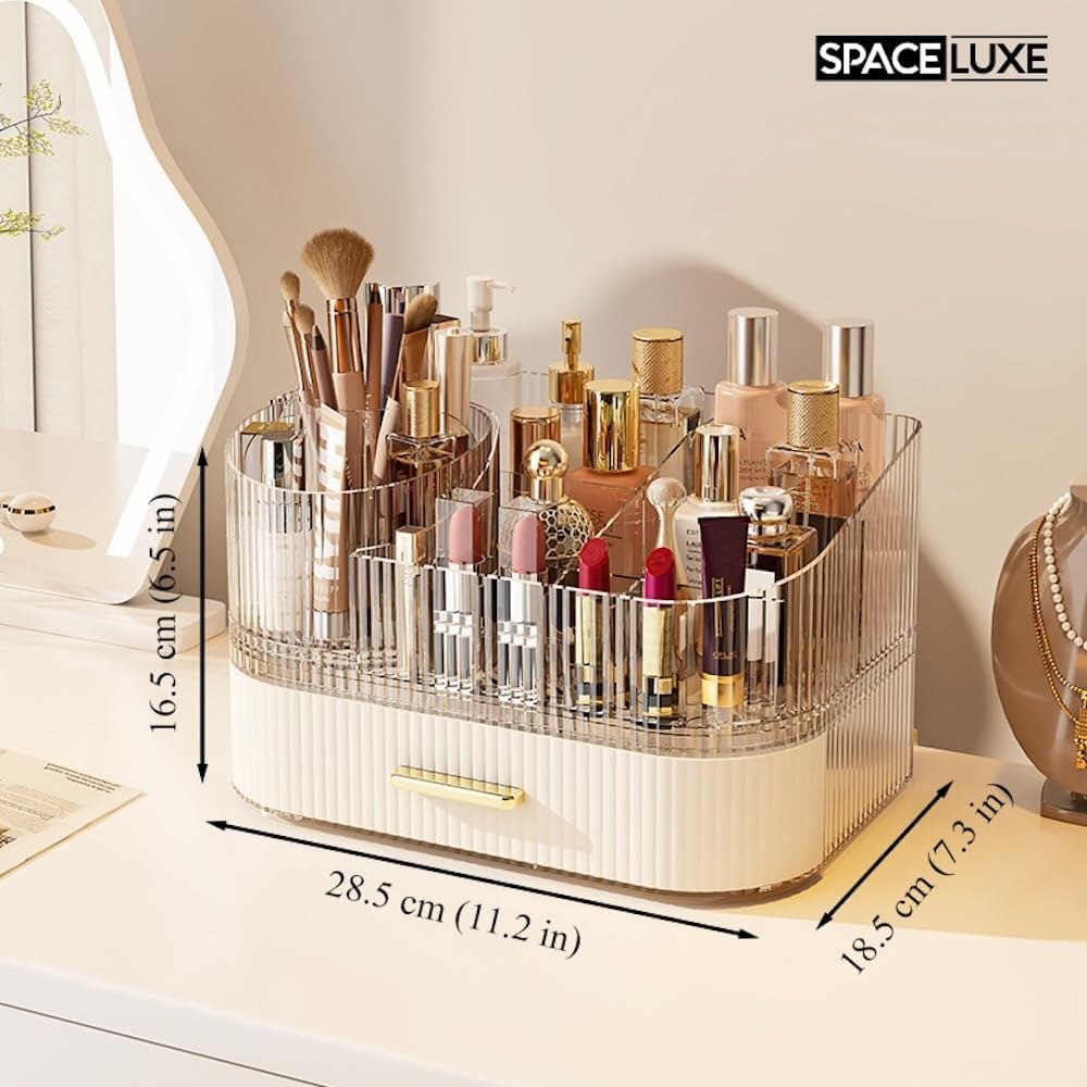 Makeup Organizer with Drawers and 360° Rotating Brush Holder, Large Capacity Cosmetic Storage for Vanity, Skincare, Perfume, Hair Accessories, Lipstick & Jewelry (Cream White, 2-layer)