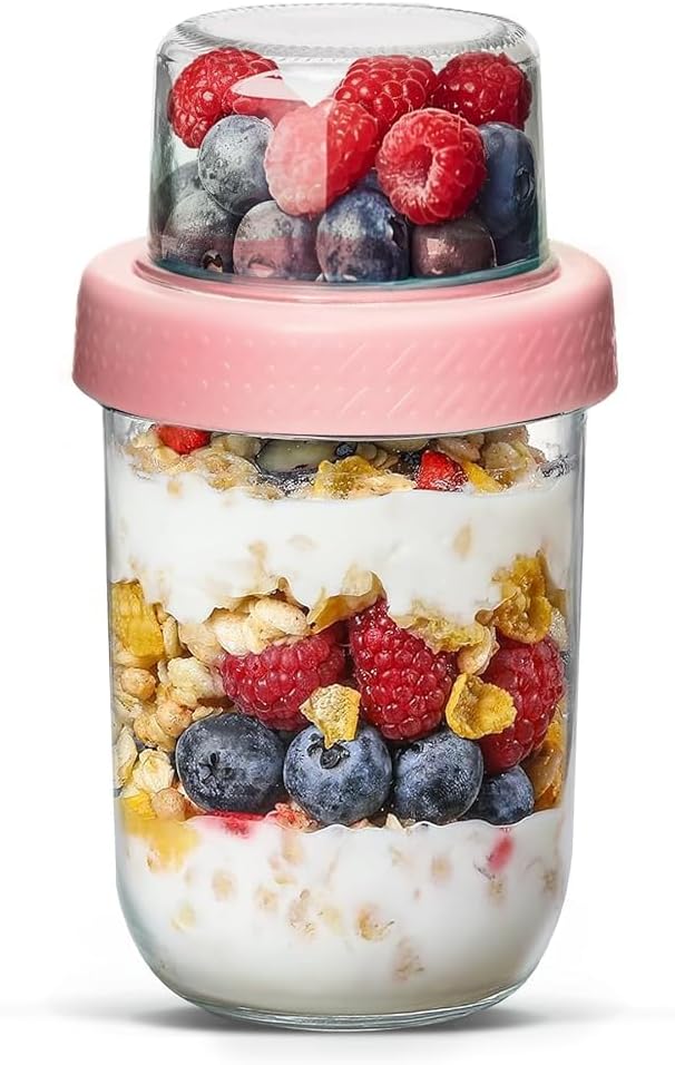 ComSaf Pink Overnight Oats Containers with Lids (16oz+4oz, 1Pcs), Glass Yogurt Parfait Cups for Cereal Nut Fruit, Dual-Layer Chia Pudding Jars with Dry and Wet Separation, Meal Prep, Glass for Salad