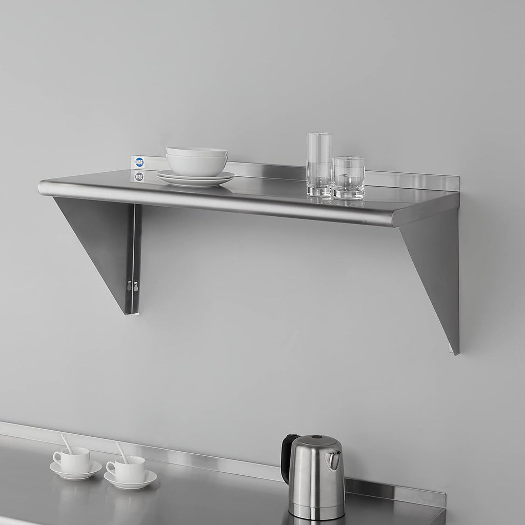 ROCKPOINT Stainless Steel Shelf 18 x 36 Inches 350lb, NSF Metal Commercial Shelves Wall Mount Floating Shelving with Backsplash for Restaurant, Kitchen, Home and Hotel, Silver