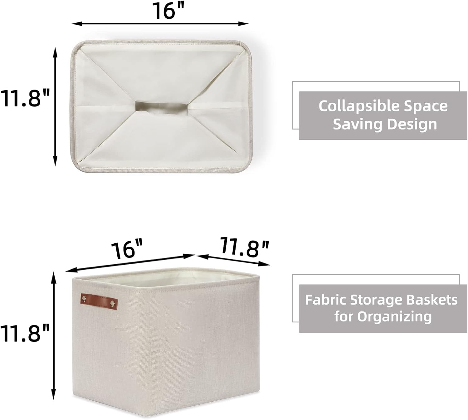 HNZIGE Large Canvas Baskets 16"×11.8"×11.8" Decorative Storage Bins with Leather Handles (2 Pack) Collapsible Rectangle Storage Baskets for Organizing Clothes, Toy, Books, Sundries, Tools(Cream)