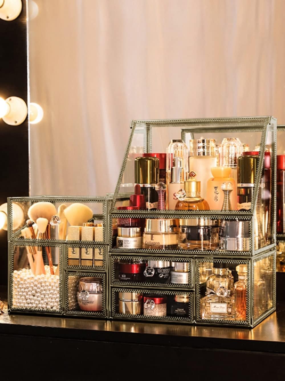 Hersoo Glass Antique Brass Stackable Drawer Set Makeup Organizer for Vanity Antique Countertop Vanity Cosmetic Storage Box Mirror Glass Beauty Display