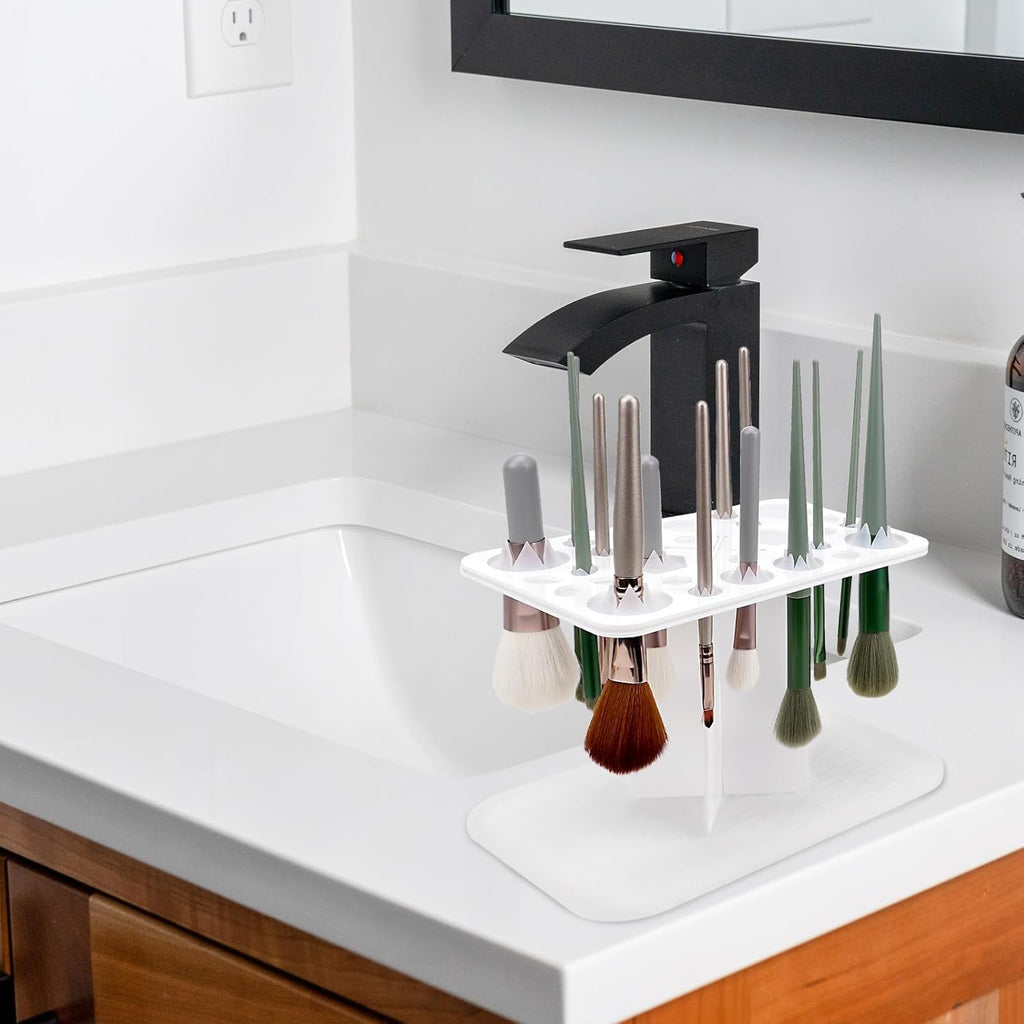 Makeup Brushes Drying Rack with Mat, 28 Holes Acrylic Brush Holder Stand Tree Tray, Folding Makeup Brush Holder (White)