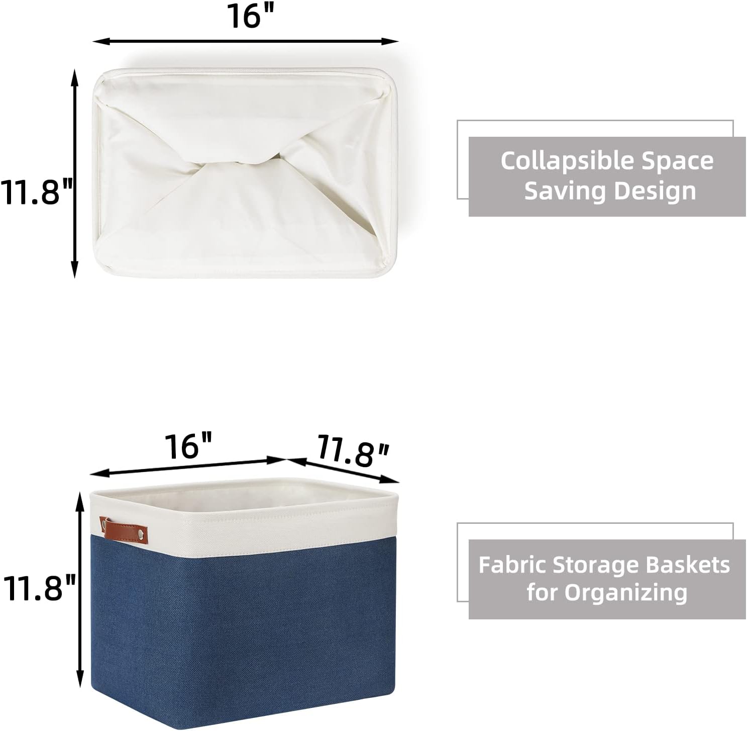 HNIZGE Large Rectangle Basket Fabric Baskets for Organizing [2 Pack] Tall Storage Basket Navy Blue Baskets 16" x 11.8" x 11.8" Shelf Baskets for Storage Linen Closet Organizers (Blue&White)