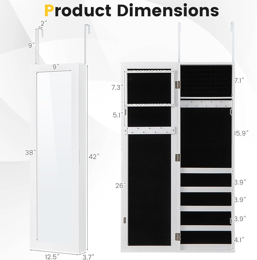 LOKO 42” Mirrored Jewelry Cabinet, Wall/Door Mounted Hanging Jewelry Armoire Organizer with Full-length Mirror, Soft Lining, 5 Storage Shelves for Accessories & Cosmetics, Christmas Gift (White)