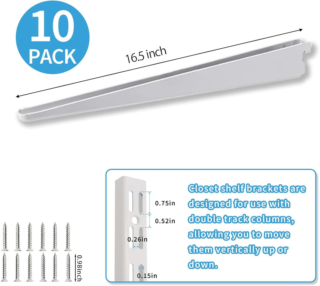 10 Pack 16.5‑Inch Adjustable Wire Shelf Brackets – Heavy‑Duty Double‑Track Closet & Wall Shelving System Supports（White）