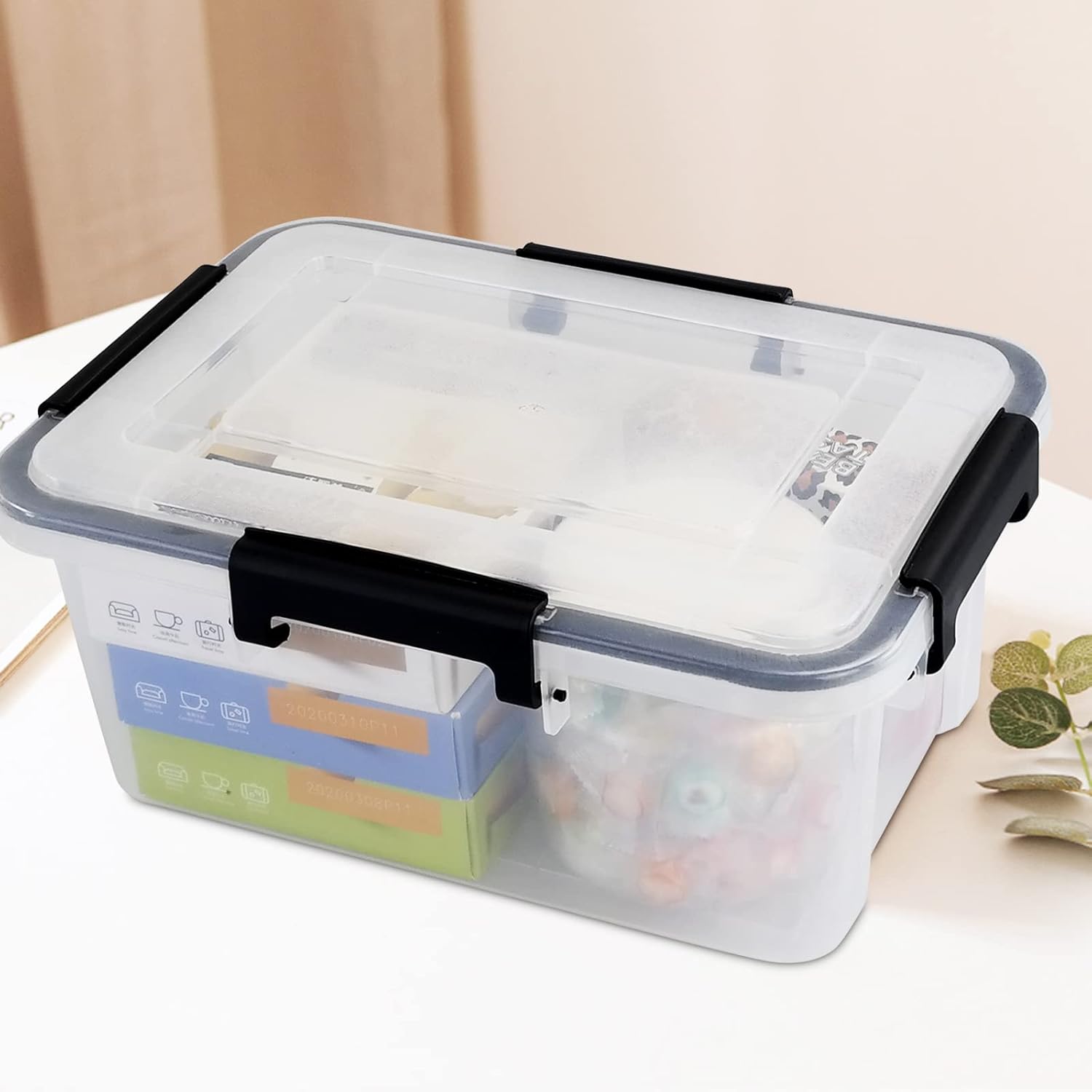 10 Liters Clear Storage Box with Latch Clips/Lid, Plastic Airtight Pet Food Containers Set of 6