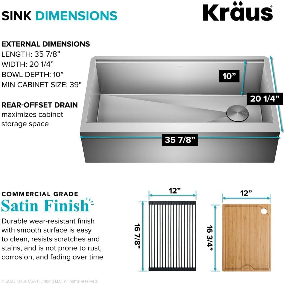 KRAUS Kore 36-Inch Modern Farmhouse Workstation 16 Gauge Single Bowl Stainless Steel Kitchen Sink with Accessories, KWF410-36