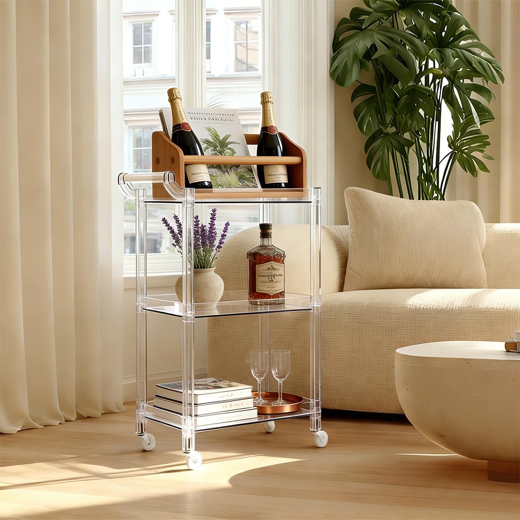 Acrylic Utility Rolling Cart, 3-Tier Clear Acrylic Storage Cart with Pulling Handle & 4 Wheels for Kitchen Living Room Dining Bathroom Laundry, Multifunction Serving Trolley for Small Spaces (Brown)