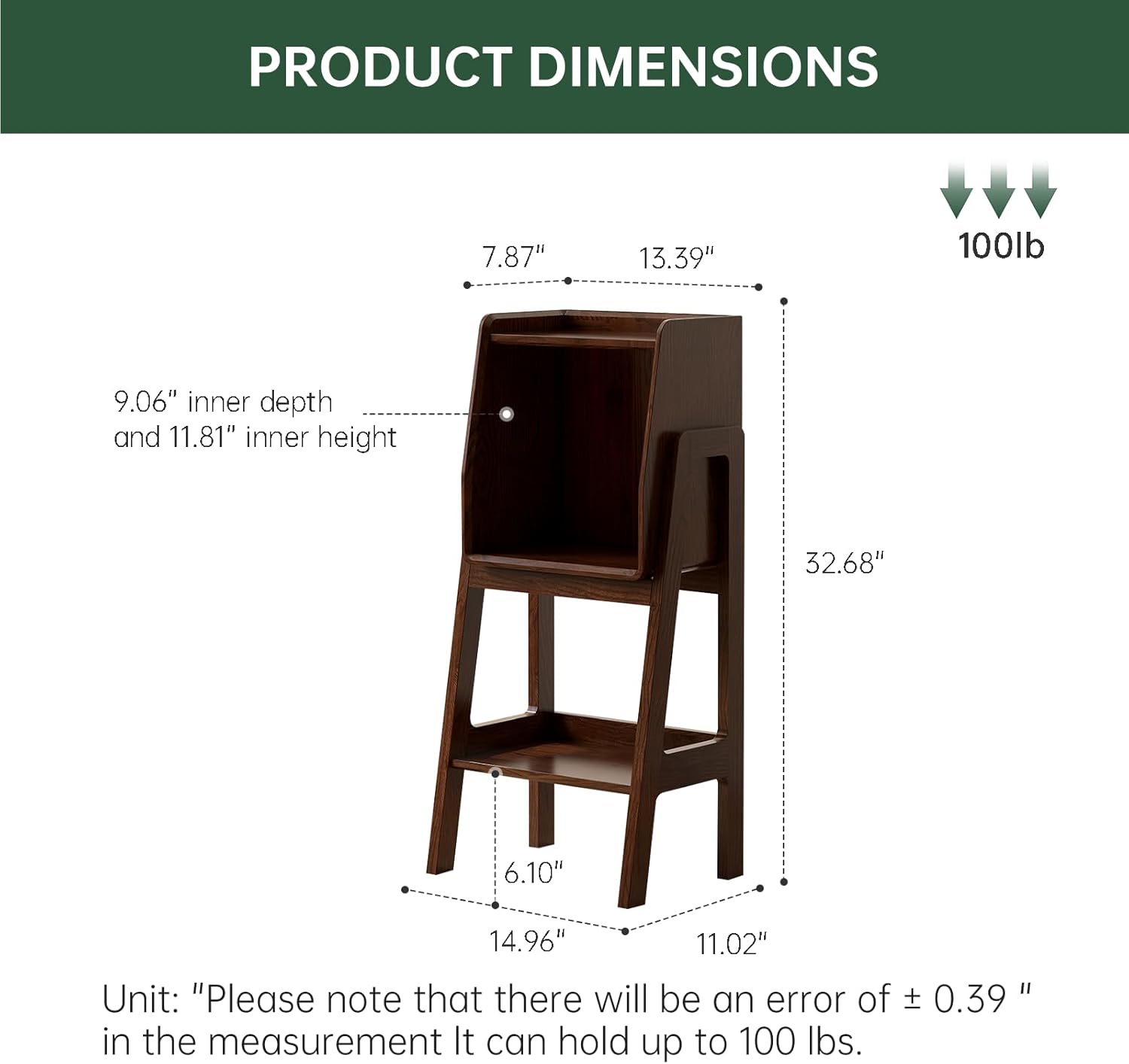 100% Solid Oak Ladder Shelf with Cabinet, 32.67" Tall Nightstand with Stable Frame for Bedroom, Small Bookcase for Living Room Nursery(Walnut, Fully Assembly Furniture)