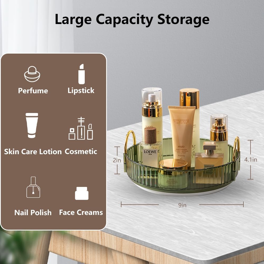 Rotating Makeup Organizer for Vanity, Spinning Cosmetics Storage for Bathroom Countertop, Skincare Holder Rack for Facial Cream, Perfume, Lotion, Lipstick(1 Tier, Dark Green)