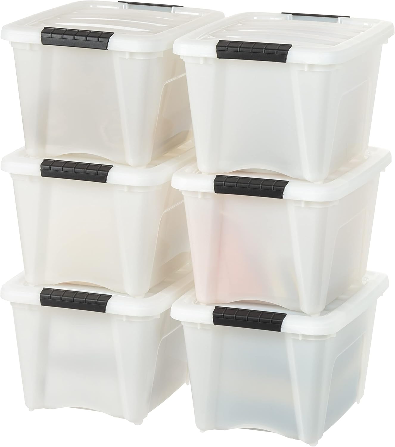IRIS USA 19 Qt Stackable Plastic Storage Bins with Lids, 6 Pack - BPA-Free, Made in USA - Discreet Organizing Solution, Latches, Durable Nestable Containers, Secure Pull Handle - Pearl