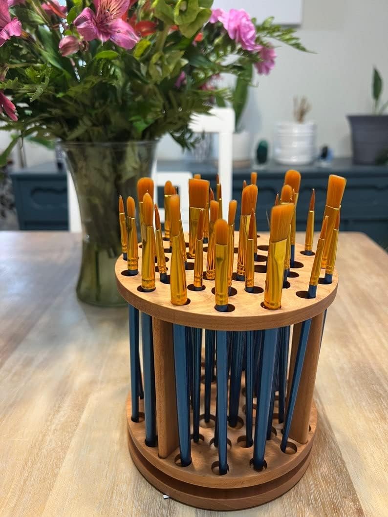 Rotating Paint Brush Holder - Handmade Paint Brush Holder Rotating Art Supply Organizer – Large Capacity Cherry Hardwood Brush Organizer for Desk, Arts and Crafts