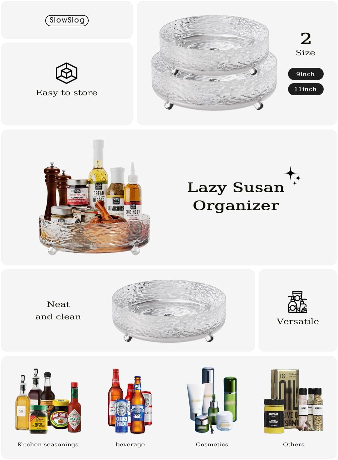 2 Pcs Lazy Susan Organizer, 9in &11in Elegant Lazy Susan Turntable Organizer, Modern Rotating Storage Organizer for Kitchen, Bathroom, Vanity, Countertop