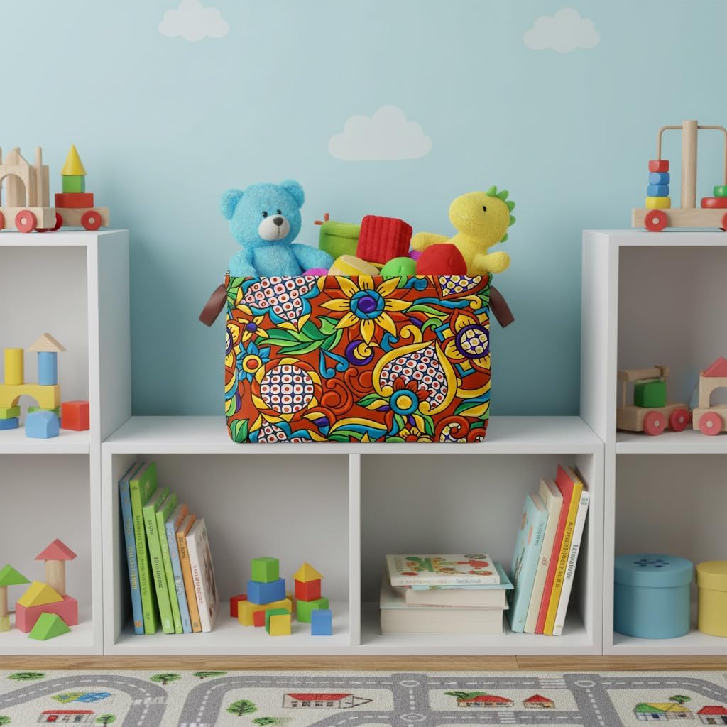 Mexican Talavera Storage Basket Waterproof Canvas Toy Storage Bin Mexican Decor Collapsible Outdoor Basket with Leather Handles Talavera Decor Blanket Baskets For Closets,Bedrooms,Gifts Baskets