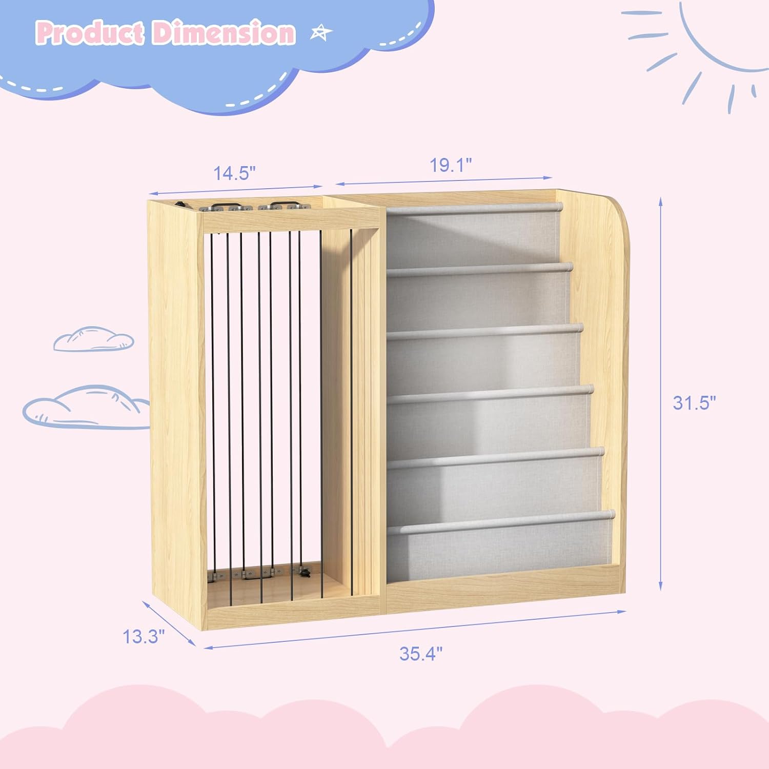 Natural Wood Kids Bookshelf & Stuffed Animal Net Holder Plush Toy Storage Organizer Child Bookcase Toddler Baby Sling Book Rack for Playroom Bedroom Nursery Infant Boys Girls Preschool