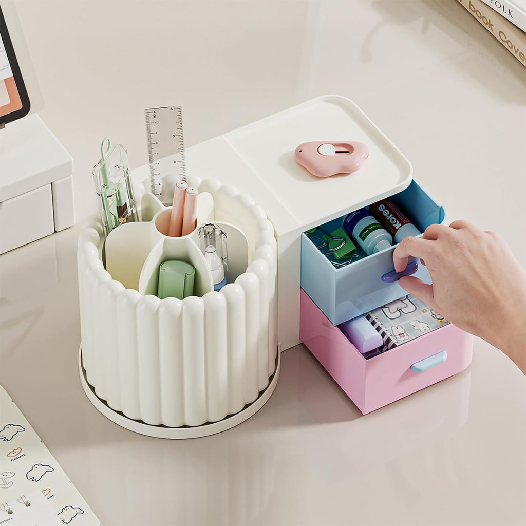 Anyoifax 360 Rotating Makeup Brush Holder 7 Slots Makeup Organizer with Drawer Removable Spinning Cosmetic Storage Pen Holder for Vanity, Dresser, Desk, Colorful