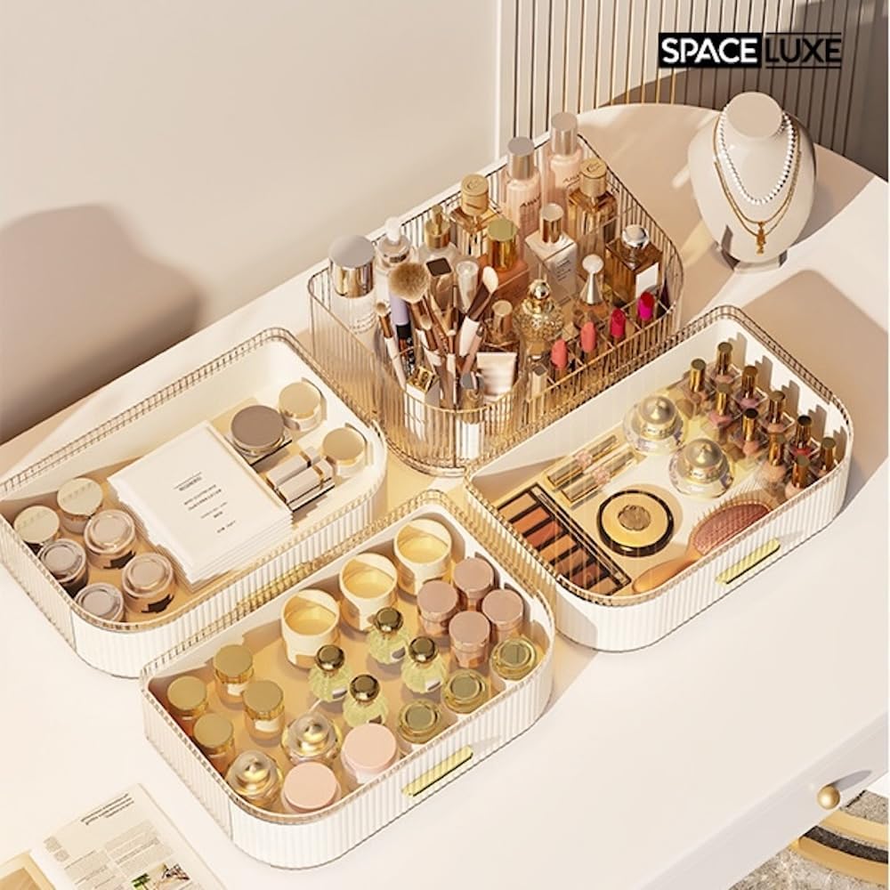 Makeup Organizer with Drawers and 360° Rotating Brush Holder, Large Capacity Cosmetic Storage for Vanity, Skincare, Perfume, Hair Accessories, Lipstick & Jewelry (Cream White, 3-layer)