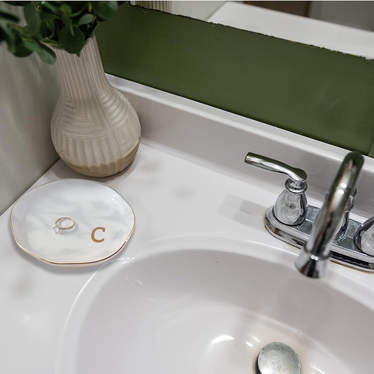 Initials Ring Dish Jewery Tray with personalized C-Monogrammed Gifts Wedding Engagement for Women Friends sister,Ceramic White