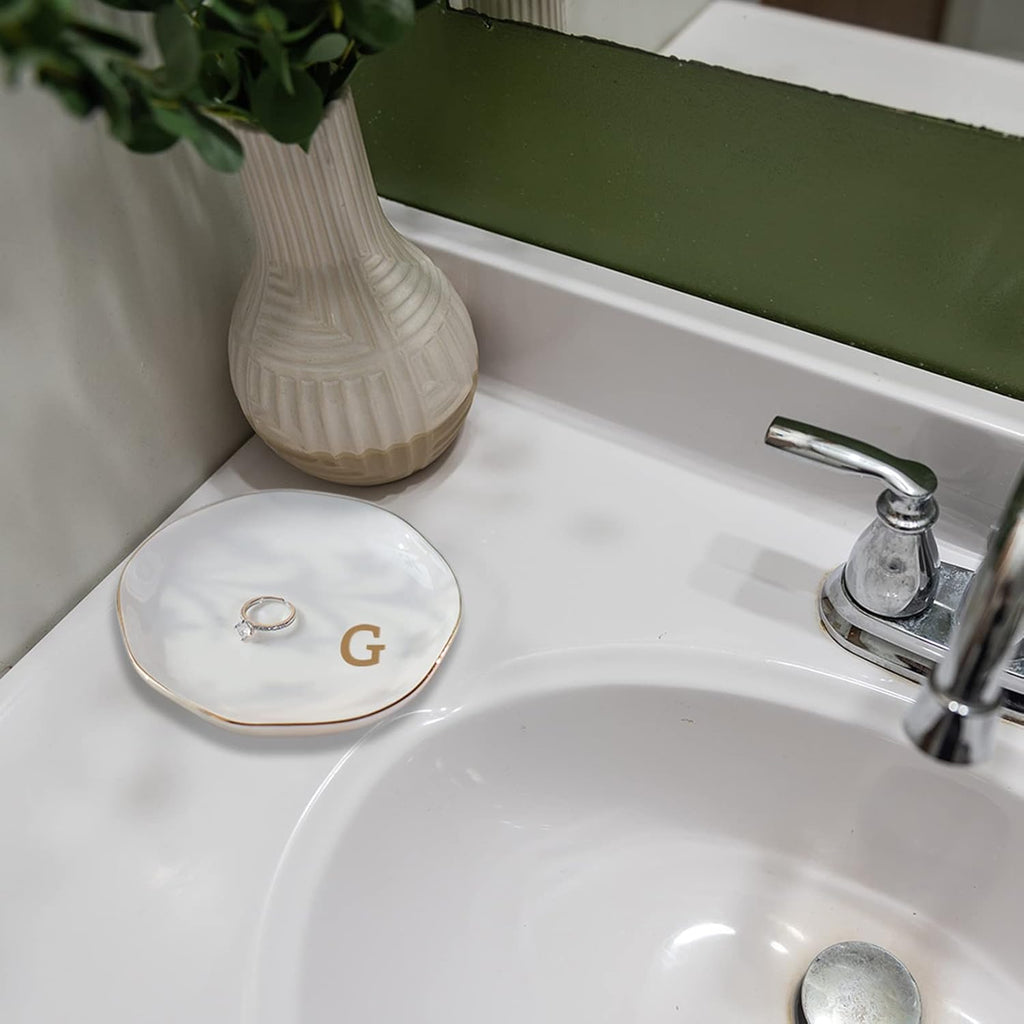 Initials Ring Dish Jewery Tray with Personalized G-Monogrammed Gifts Wedding Engagement for Women Friends sister,Ceramic White
