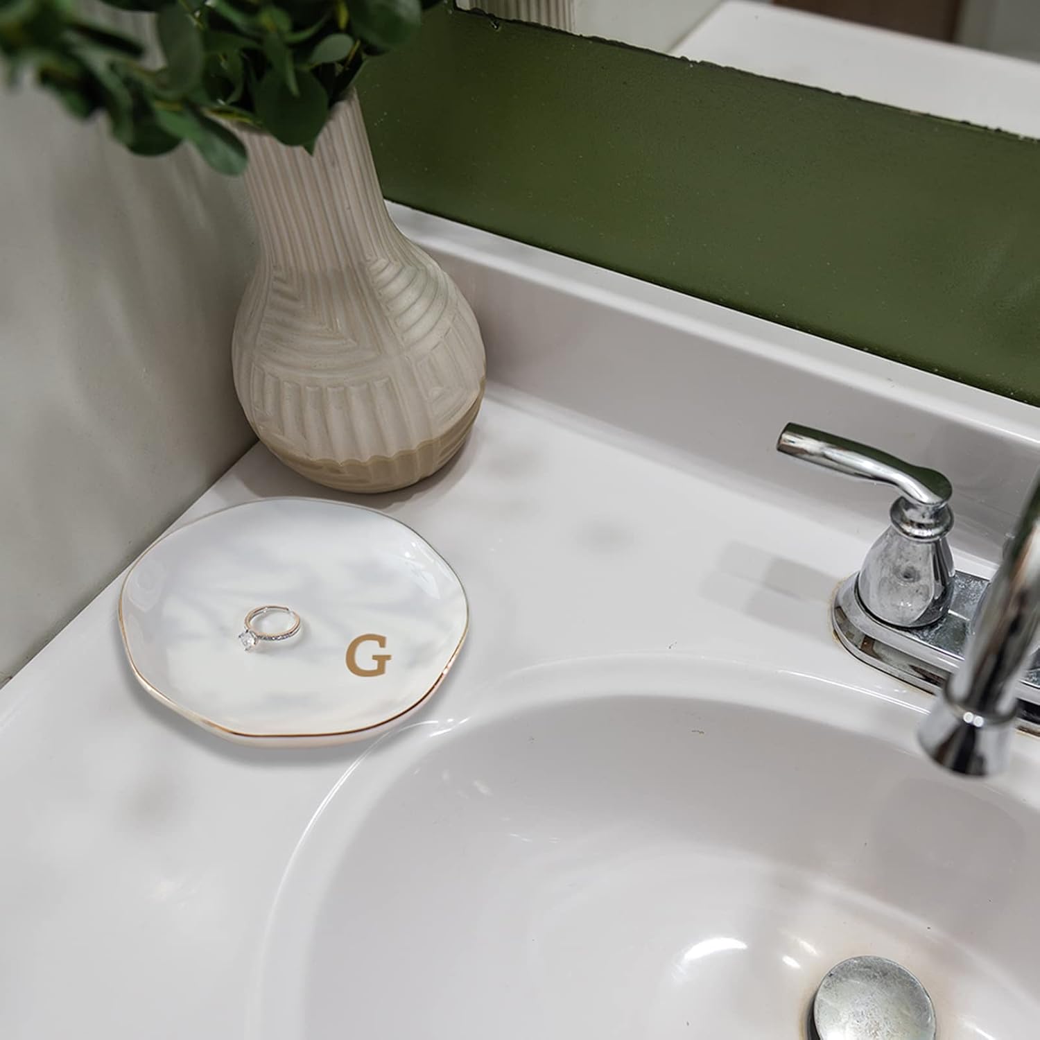 Initials Ring Dish Jewery Tray with Personalized G-Monogrammed Gifts Wedding Engagement for Women Friends sister,Ceramic White