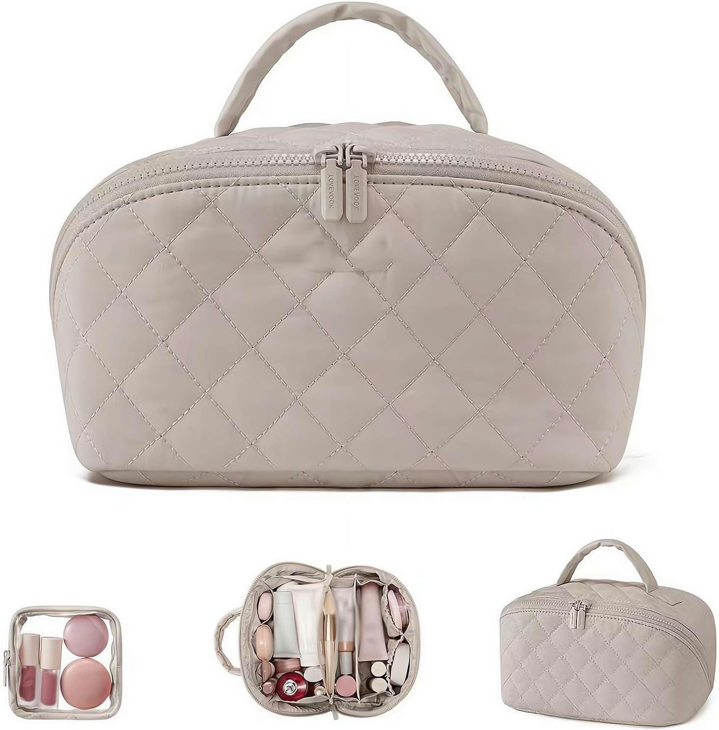 2026 Travel Makeup Bag for Women – 180° Lay-Flat Puffy Cosmetic Organizer with 5 Compartments, Water-Resistant & Machine Washable Makeup Case,Puffy Padded Organizer for Toiletries,Ideal Gifts for Her