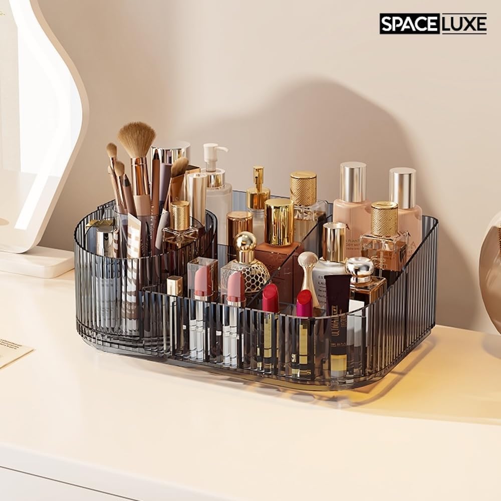 Makeup Organizer with Drawers and 360° Rotating Brush Holder, Large Capacity Cosmetic Storage for Vanity, Skincare, Perfume, Hair Accessories, Lipstick & Jewelry (Transparent Gray, 3-layer)