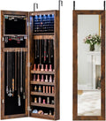 5 LEDs Mirrored Jewelry Cabinet Wall Mounted or Door Hanging, 42” Jewelry Box Armoire with Full Length Mirror, 2 Drawers & Shelves, Over the Door Jewelry organizers and Storage (Rustic Brown)