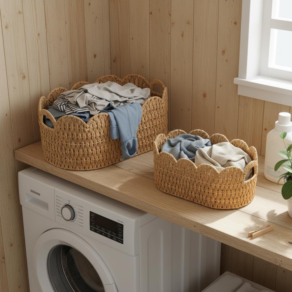 Paper Rope Scalloped Basket Set of 2,Woven Storage Baskets for Shelves,Laundry,Towels,Clothes,Books,Toys,Cute Decor Baskets for Organizing,Natural Color