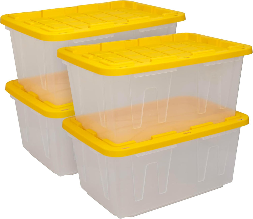 CX BLACK & YELLOW, 27-Gallon Heavy Duty Clear Storage Container & Snap-Tight Lid, Clear & Yellow (14.3H x 20.6W x 30.6D), Weather-Resistant, Stackable, See-Through Organization Tote [4 Pack]