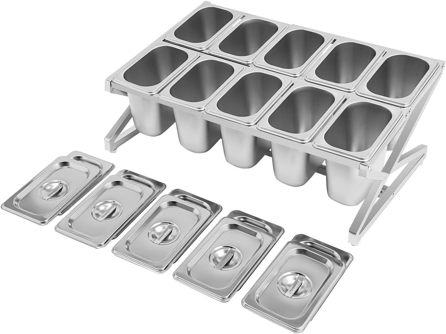10 Pans Stainless Steel Spice Rack, Expandable Spice Rack Set, Tilted Design Spice Display Rack, Toppings Station Storage, Condiment Organizer, Divider Food Container for Home or Restaurant(Silver)