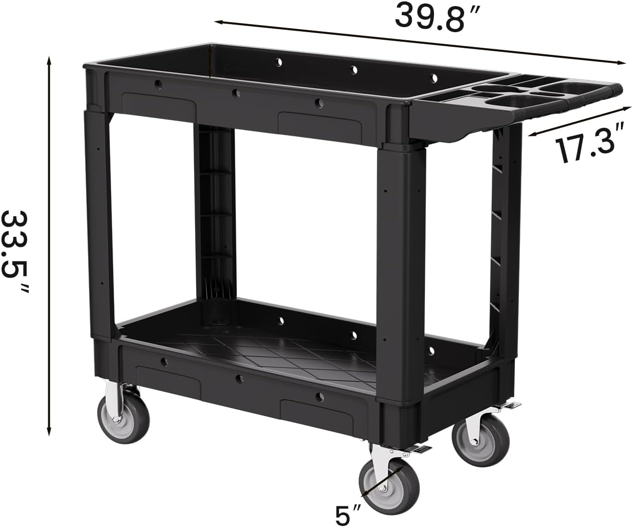 2 Tier Plastic Rolling Utility Cart on Wheels, Heavy Duty Tool Cart with Deep Shelves and 360° Swivel Wheels Holds up to 550 lbs, Service Cart for Warehouse,Garage, Cleaning (Black-M)
