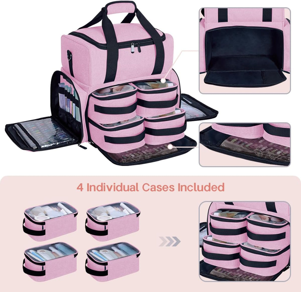 Large Cosmetic Bag with 4 Removable Case and 2 Removable Dividers Double Layer Travel Storage Organizer, Makeup Brushes Storage Section Pink