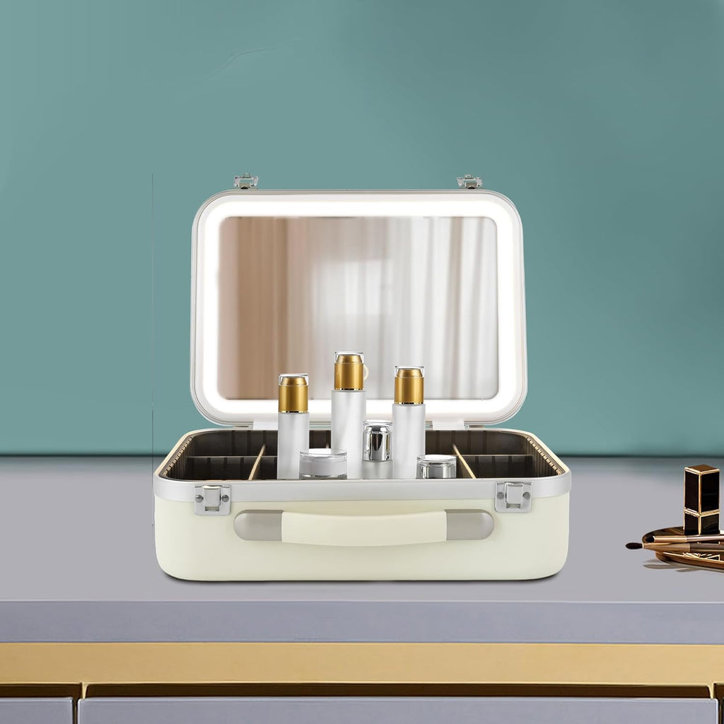 White Rectangular Makeup Case with Mirror, Travel Makeup Bag with Adjustable LED Light in 3 Colors, Portable Train Suitcase for All Kinds of Cosmetics