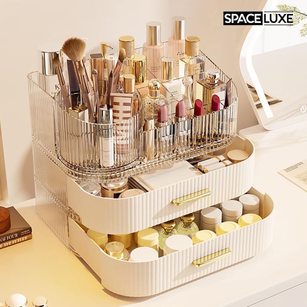 Makeup Organizer with Drawers and 360° Rotating Brush Holder, Large Capacity Cosmetic Storage for Vanity, Skincare, Perfume, Hair Accessories, Lipstick & Jewelry (Cream White, 3-layer)