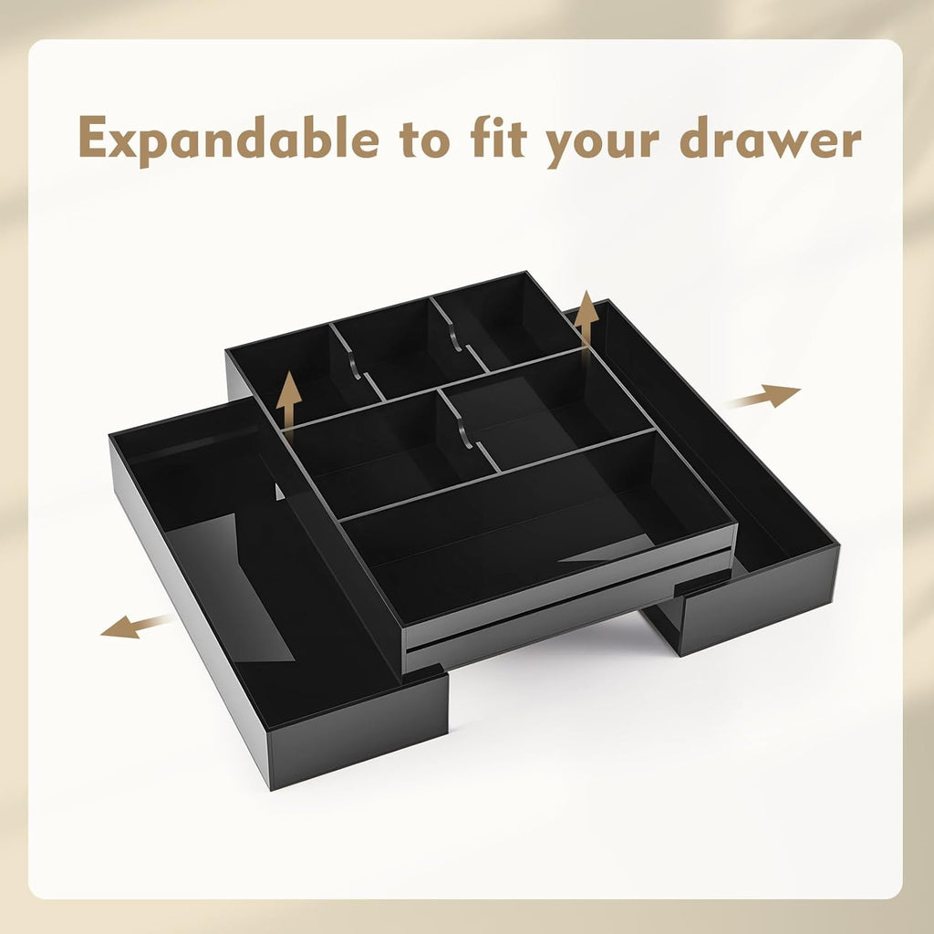 1 PC Acrylic Desk Drawer Organizer 2 Inch Height Expandable Drawer Organizer Trays with 8 Adjustable Compartments Desk Accessories for Makeup Silverware Office Bathroom(Black,Classic)