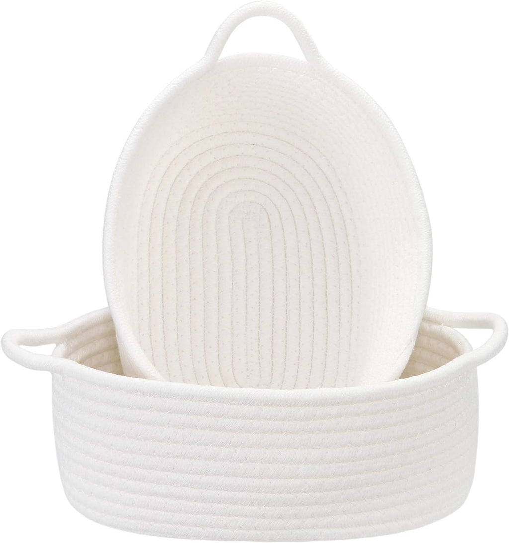 Sea Team 2-Pack Cotton Rope Baskets, 10 x 7 x 4 Inches Small Woven Storage Basket, Fabric Tray, Bowl, Oval Open Dish for Fruits, Jewelry, Keys, Sewing Kits (White)