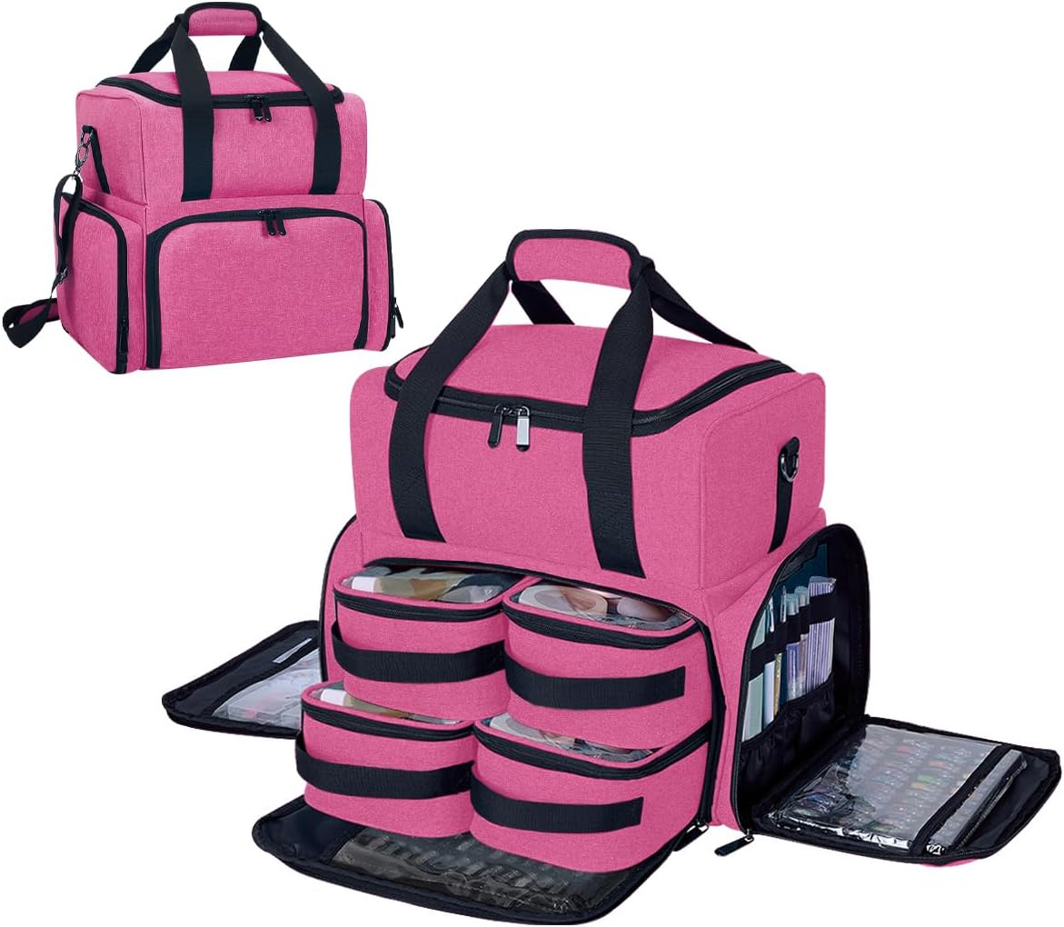 Large Cosmetic Bag with 4 Removable Case and 2 Removable Dividers Double Layer Travel Storage Organizer, Makeup Brushes Storage Section Rose Red