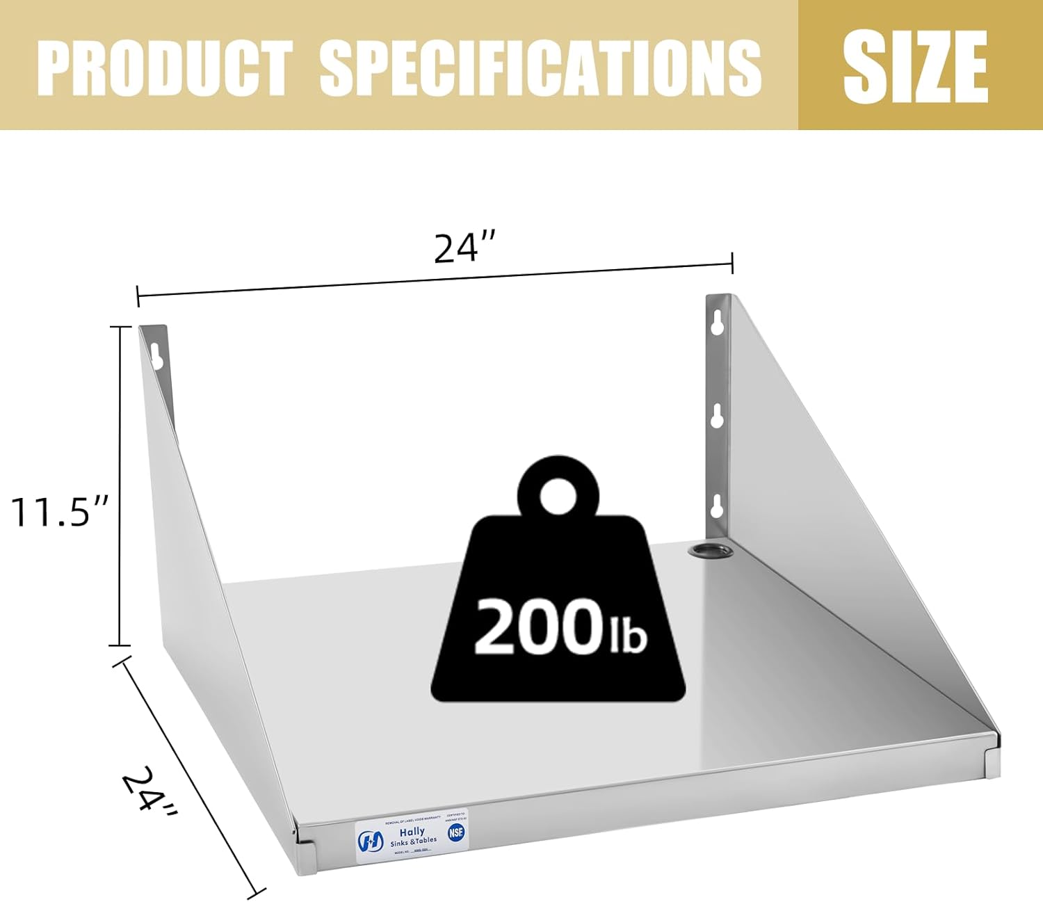 Hally Stainless Steel Microwave Shelf 24"x24" 200 lb, NSF Commercial Heavy Duty Metal Appliance Wall Mount Floating Shelving for Restaurant, Kitchen, Bar, Home and Hotel