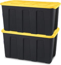 HOMZ 2-Pack Durabilt Tote, Heavy Duty Plastic Storage Bins with Lids, 34 Gallon, Black/Yellow - Stackable Organizing Containers for Home, Garage, and Office